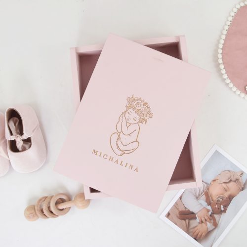 Drewniane Opakowanie na zdjęcia, odbitki ,, Kraina Marzeń,,  Pudrowy Róż